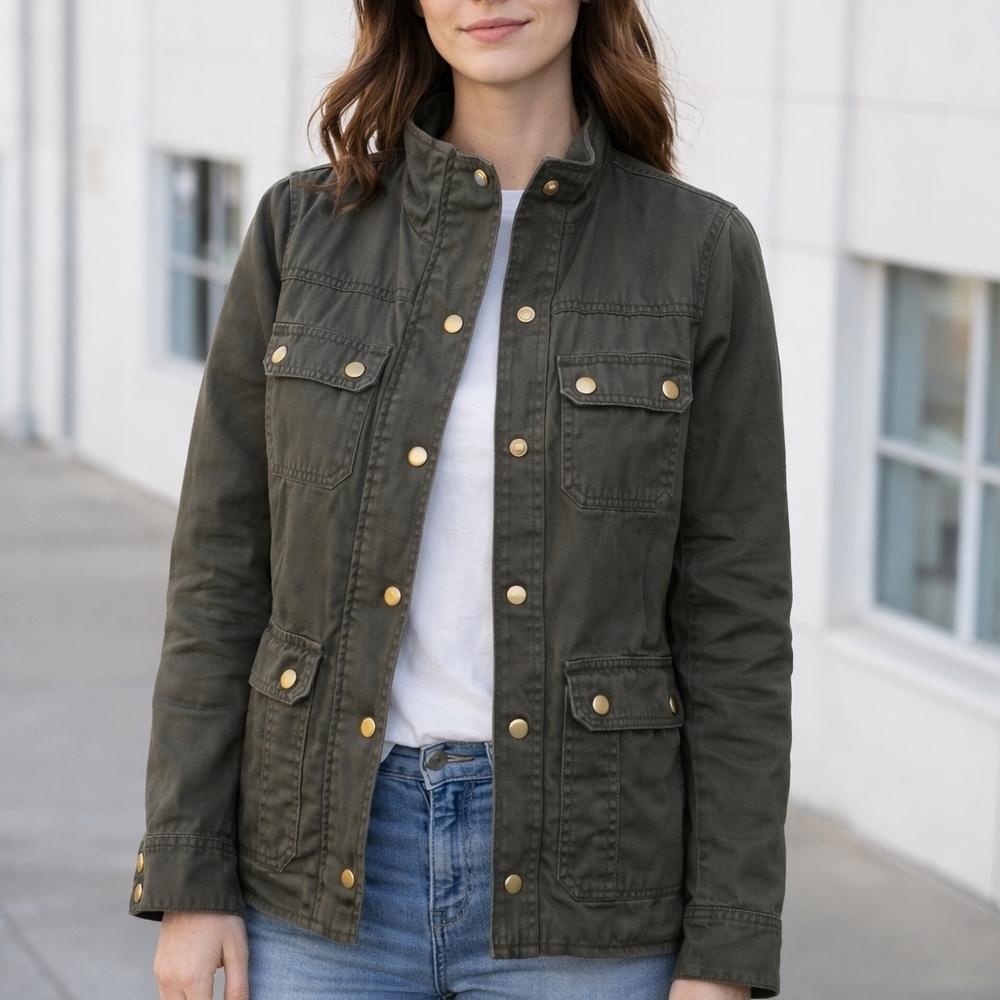 J. Crew Dark Gray Green Utility Jacket Gold Accents Snap Buttons Pockets XXS